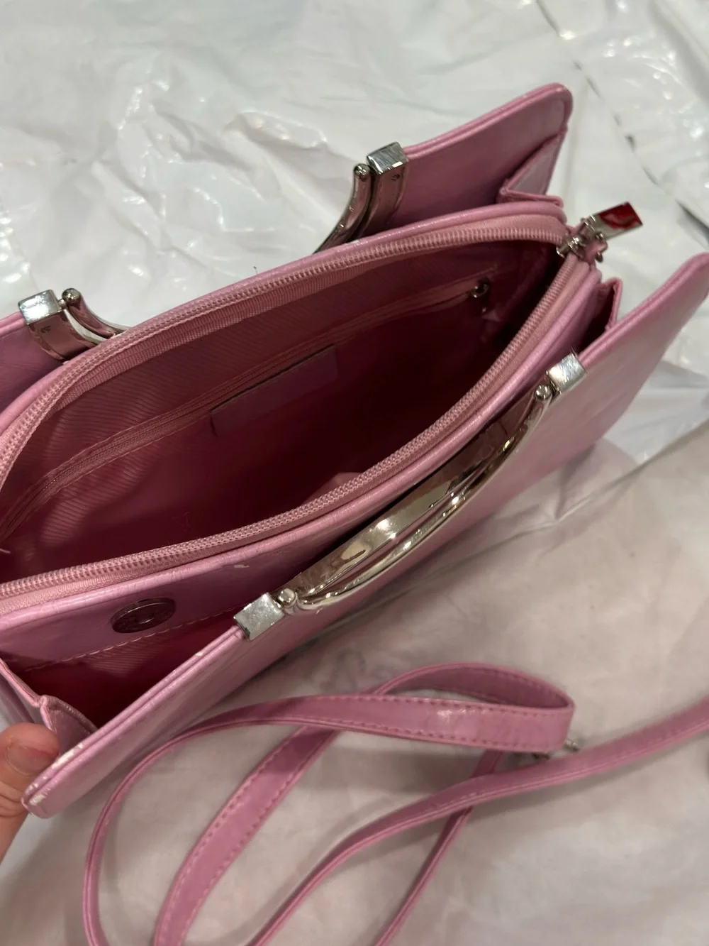 Vintage Mauve Pink Retro 70s Art Deco Mod Convertible Ring-Handle Tote + Strap